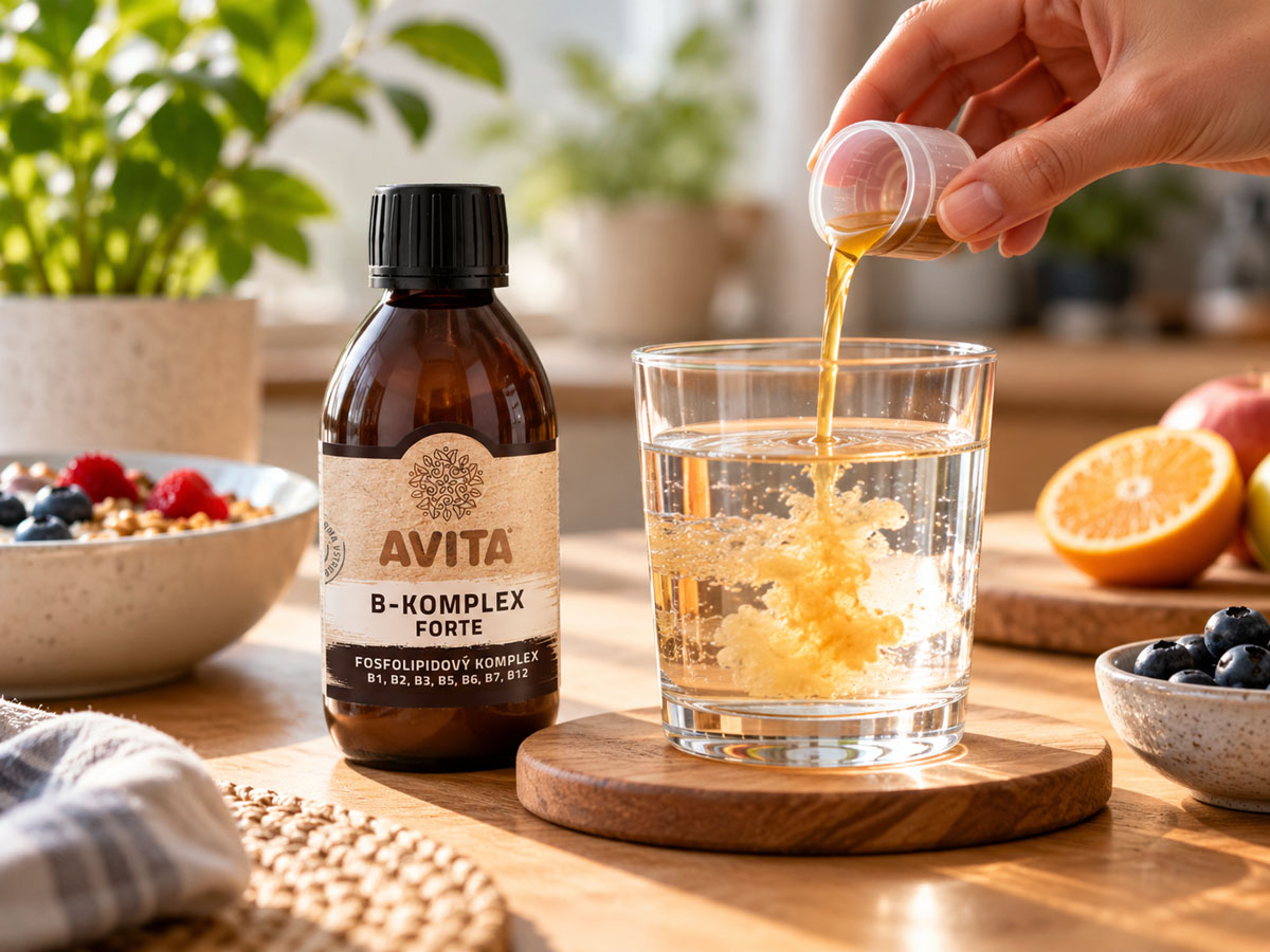 Dávka B-Komplex Forte liposomal plus zamíchaná do sklenice vody